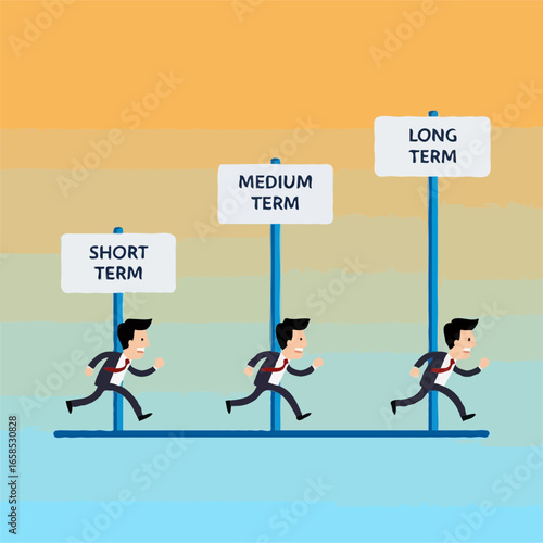 Businessmen running towards short medium and long term goals
