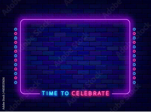 Holiday party neon advertising. Pink frame with circles. Time to celebrate. Glowing poster. Vector stock illustration