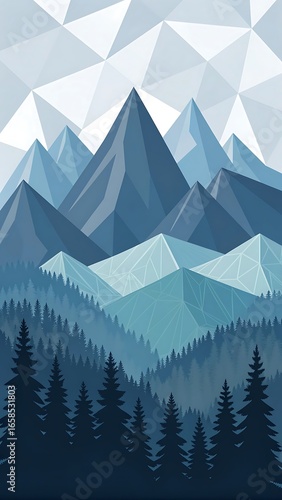 Serene abstract mountain landscape with a geometric polygon design in a vertical format for a modern background.
