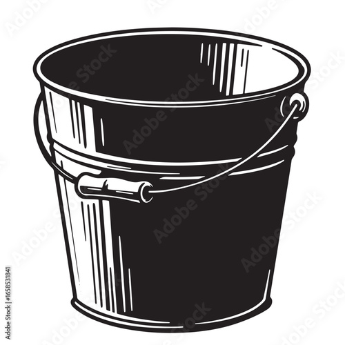 Vintage black and white bucket illustration depicting a durable metal pail with handle