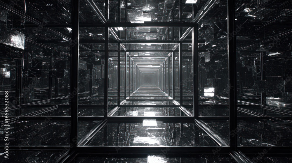Fototapeta premium Dark, reflective, square tunnel