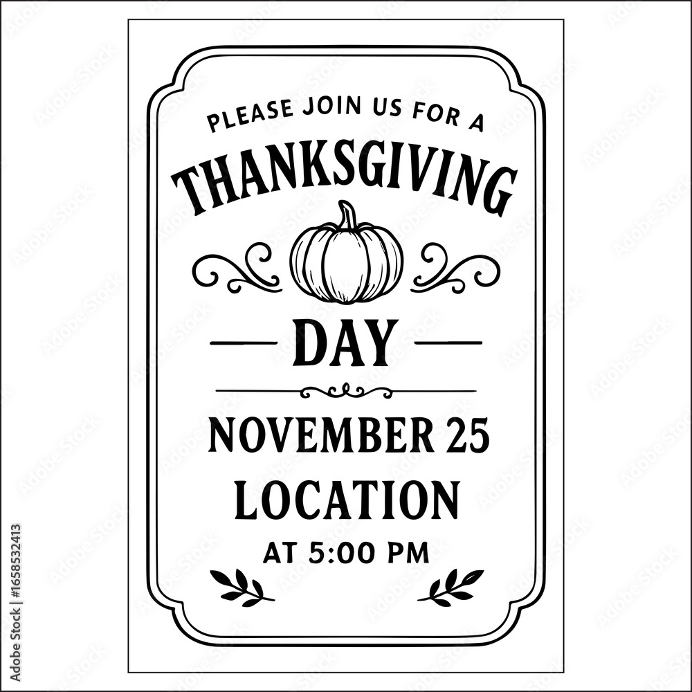 Fototapeta premium Thanksgiving Day Invitation Label Design Black And White