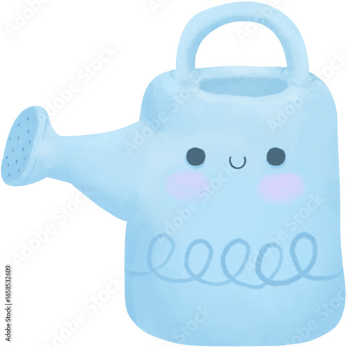 Cute blue watering can cartoon illustration for gardening and plant care