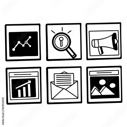 Hand drawn icons of marketing, statistic, search, email, browser and promotion isolated on white background