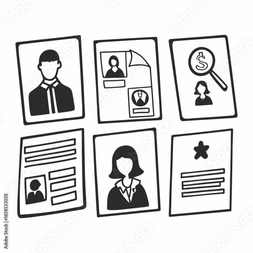 Hand drawn illustration of resumes and magnifying glass isolated on white background