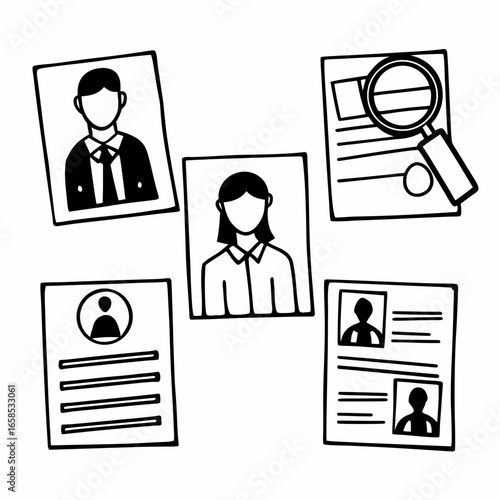 Hand drawn illustration of resumes and magnifying glass isolated on white background