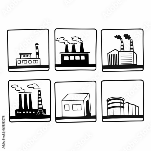 Set of industrial factory and plant icons in square frame isolated on white background in vector format