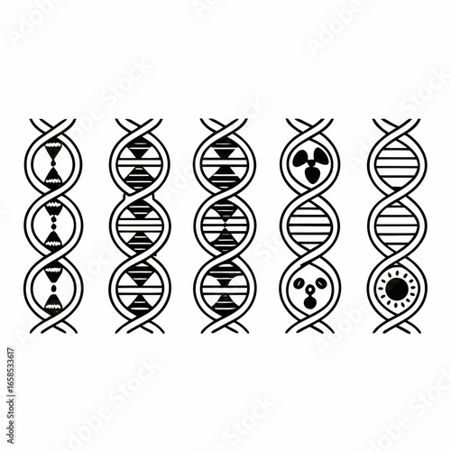 Set of five dna helix strand molecules isolated on white background for science and biology concept