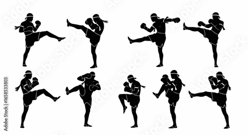 Set of dynamic Muay Thai fighter silhouettes in various martial arts combat poses and kicking stances.