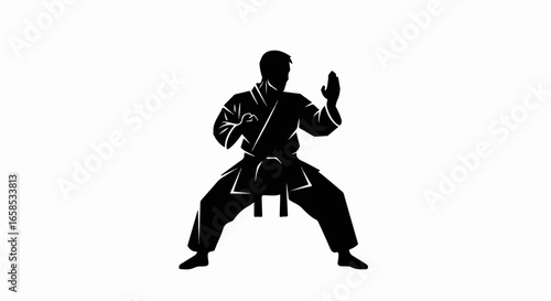 Silhouette of Karate Practitioner in Ready Stance, Black Uniform.