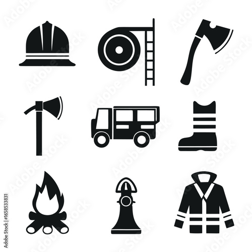 Firefighter equipment icons including helmet axe truck boots jacket hose and hydrant vector