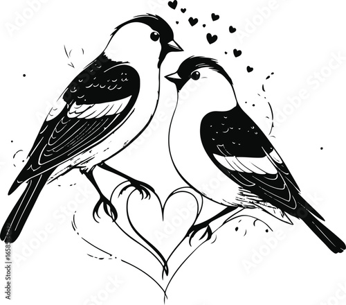 Black and white hand-drawn love birds vector, simple doodle style, bold smooth ink strokes, abstract Valentine silhouette, professional high-quality vector illustration 1