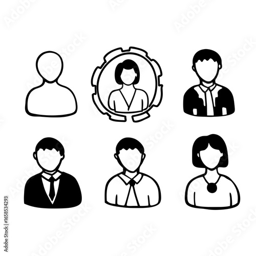 Hand drawn doodle style icons representing team members isolated on white background