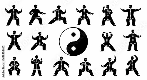 Silhouettes of people practicing Tai Chi martial arts around a Yin Yang symbol.
