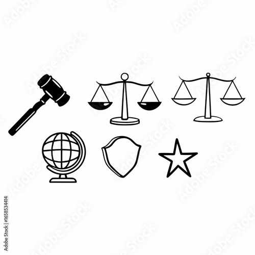 Law and justice icons isolated on white background featuring gavel, scales, globe, shield, and star