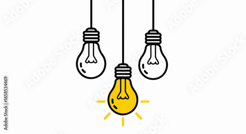 Three hanging light bulbs, one illuminated with a bright yellow glow.