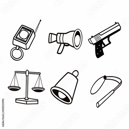Illustration of law and order symbols isolated on white background, representing justice and legal system