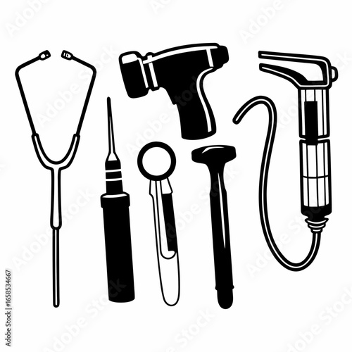 Medical instruments including stethoscope, otoscope, ophthalmoscope, and laryngeal mirror isolated on white background