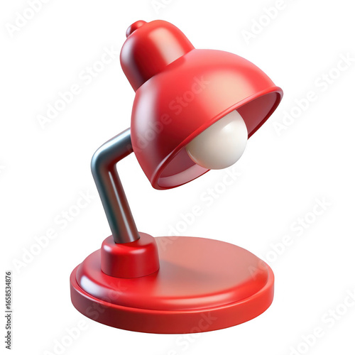 Red 3D desk lamp with light bulb on black background isolated on a transparent background