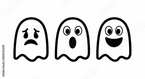 Cute cartoon ghost characters with sad, surprised, and happy faces.