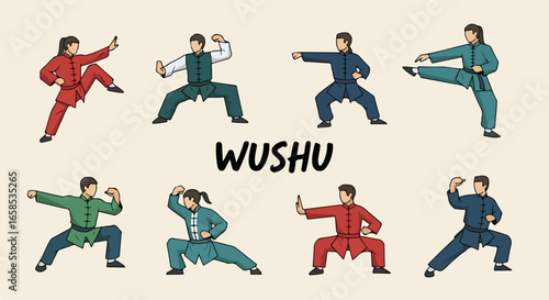 Diverse Wushu Practitioners Displaying Dynamic Martial Arts Poses in Traditional Attire.
