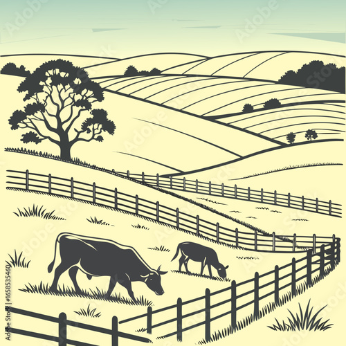 Cows graze in a field with rolling hills and trees in a monochrome style