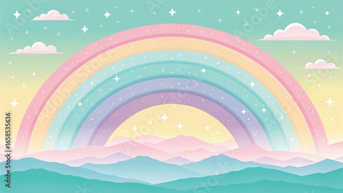Whimsical Rainbow Over Pastel Mountains and Clouds