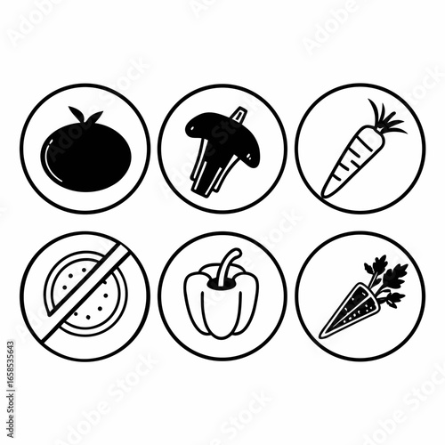 Illustration of various vegetables including tomato, mushroom, carrot, and pepper isolated on white background