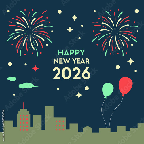 Festive new year 2026 celebration with fireworks over the city skyline