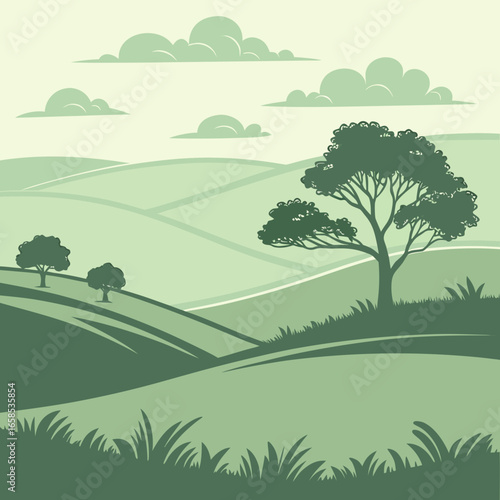 Green countryside landscape with rolling hills, trees, and cloudy sky