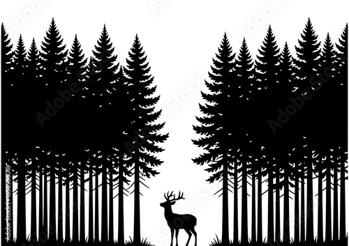 Silhouette of a majestic stag standing in a clearing of a dense pine forest, a serene black and white wildlife illustration.