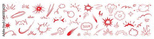 Comic cartoon boom speed effect, explosive motion line element set. Comic boom burst, explosive smoke, line speed cartoon chalkboard. Hand drawn sketch doodle action effect. Vector stock illustration