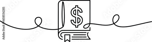 Continuous line drawing of a book with a dollar sign on the cover and decorative swirls
