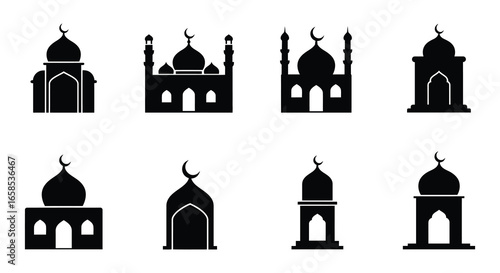 Eight black silhouettes of mosques with domes and minarets on white background