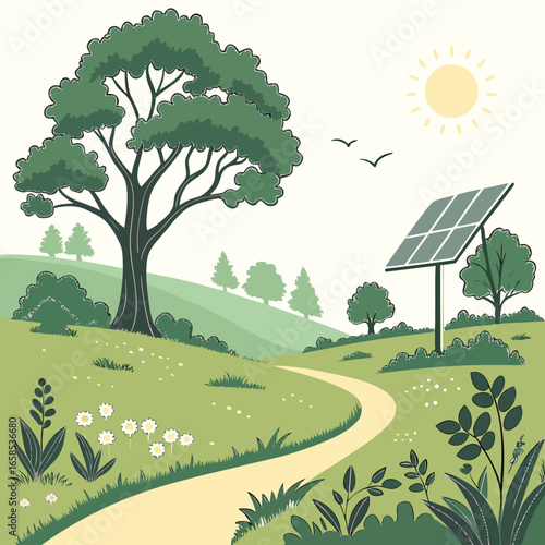 Idyllic landscape with solar panel, winding path, and lush green trees