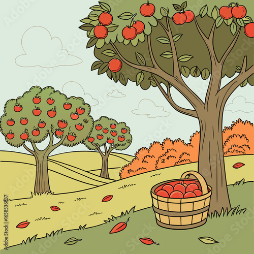 Illustration of apple trees with ripe fruits and a basket full of apples