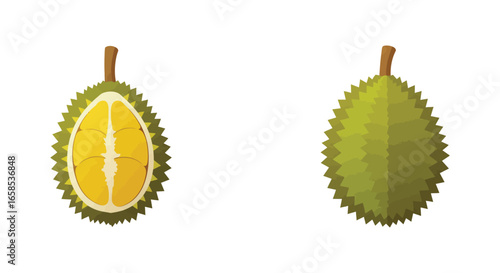 Durian fruit illustration with one cut open showing yellow flesh and seeds inside