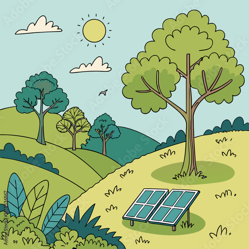 Illustration of solar panels in a field with trees generating green energy