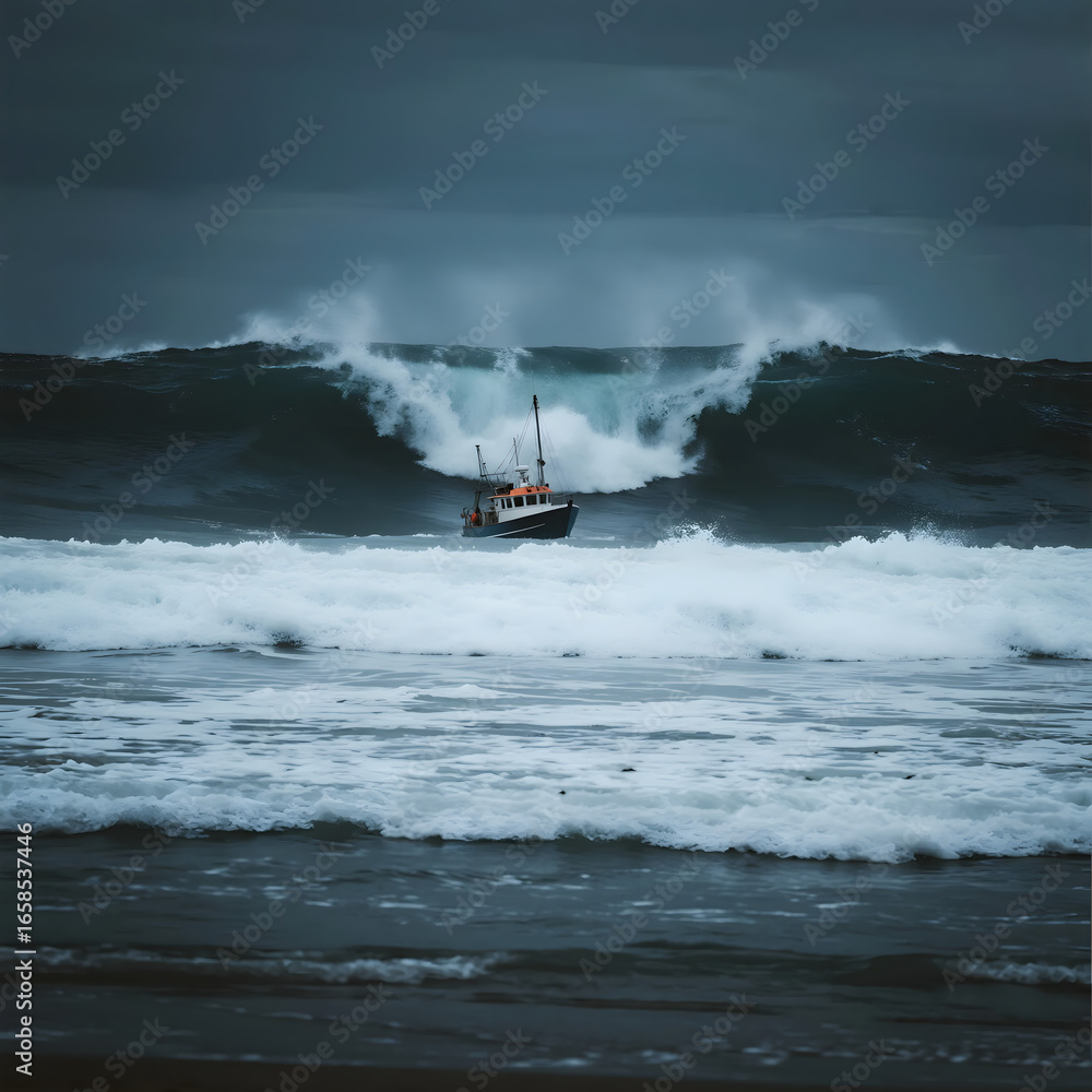 Naklejka premium dramatic photo of a colossal rogue wave, impossibly tall like a skyscraper, about to crash over a tiny fishing boat