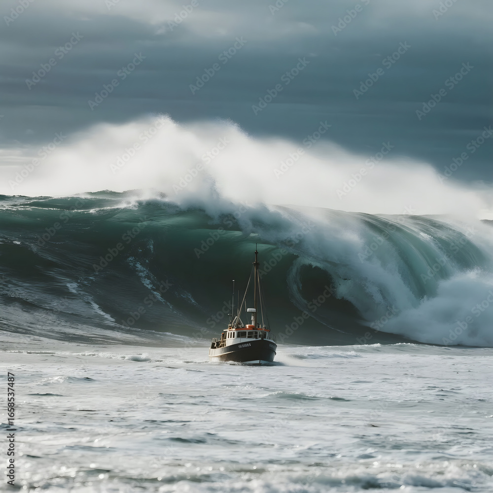 Naklejka premium dramatic photo of a colossal rogue wave, impossibly tall like a skyscraper, about to crash over a tiny fishing boat