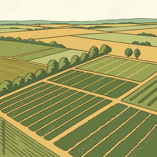 Scenic aerial view of agricultural fields with trees and diverse crop patterns