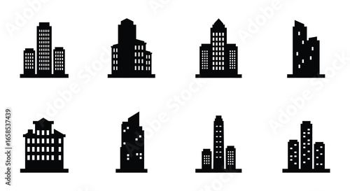 Collection of various city skyscrapers and buildings in black silhouette on white background