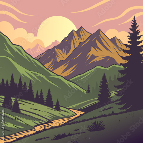 Scenic mountain landscape with a winding river and lush green hillsides