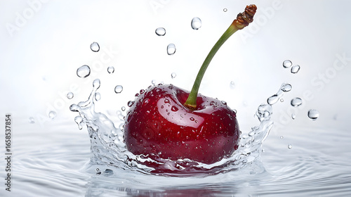 Hyper realistic image of a single ripe cherry splashing in water