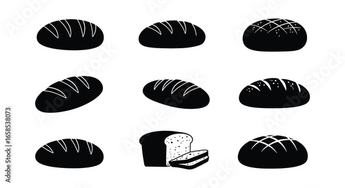 A collection of various types of bread in a simple black and white illustration style