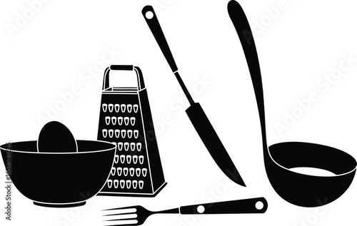Black silhouette of kitchen utensils including a grater citrus juicer ladle and fork