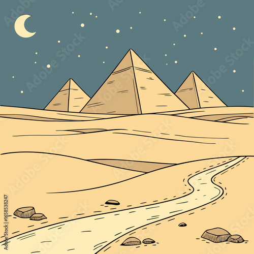 The pyramids of giza under a starry night sky with a crescent moon