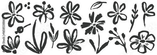 Flower abstract hand drawn brush ink stroke. Sketch hand drawn silhouette floral plant, nature graphic leaf, floral grunge abstract brush. Vector simple flower, leaf ink stroke. Vector stock illustrat