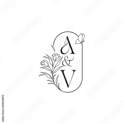 caligraphic style monogram luxury minimalist logo design AV wedding initial concept alphabet letter