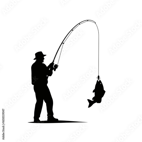Silhouette of a fisherman wearing a hat reeling in a fish caught on a fishing rod